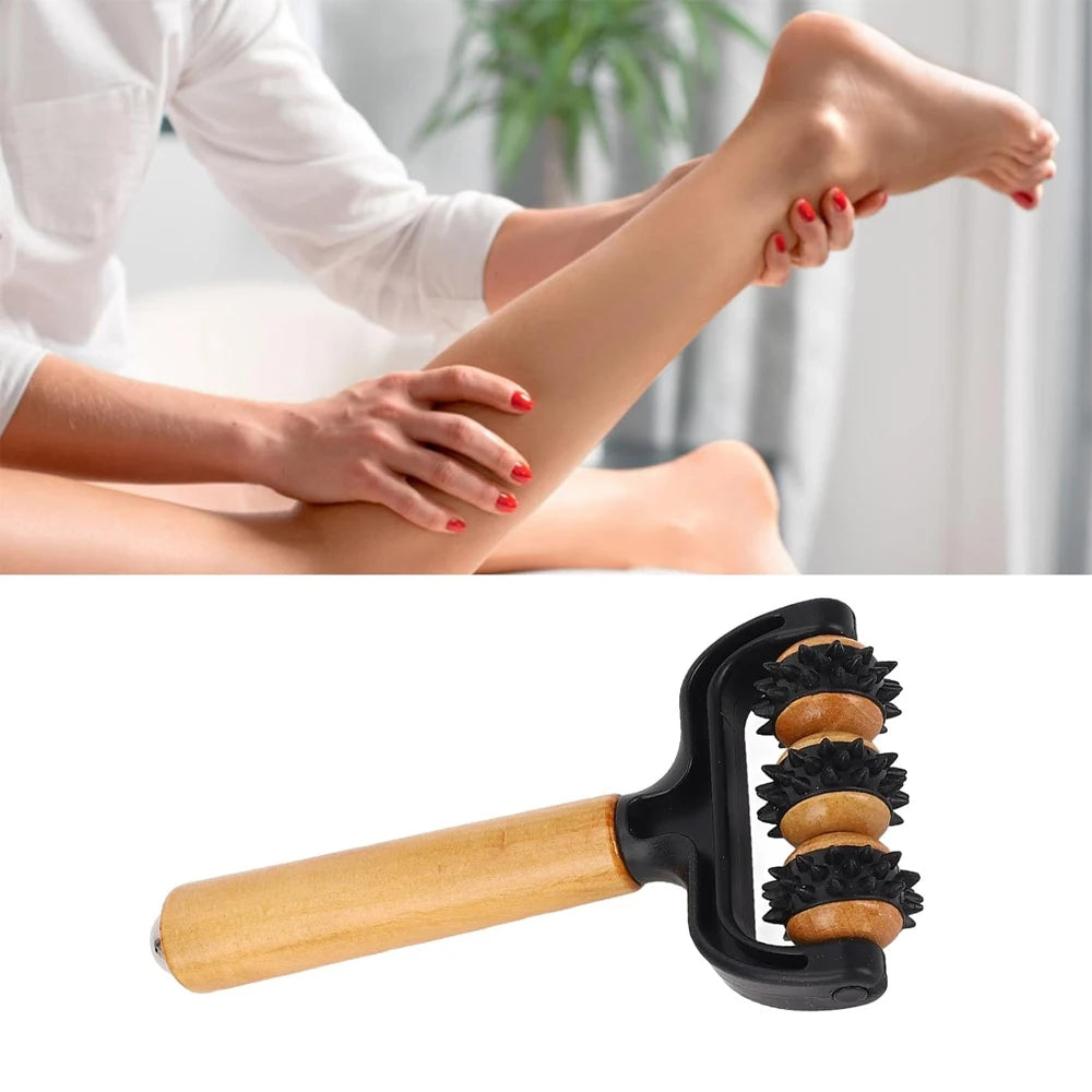 1pcs Wooden 3 Wheeled Handheld Massage Roller Tool, Ergonomic Design, Lightweight and Compact for Home,Office,or Travel,All Ages