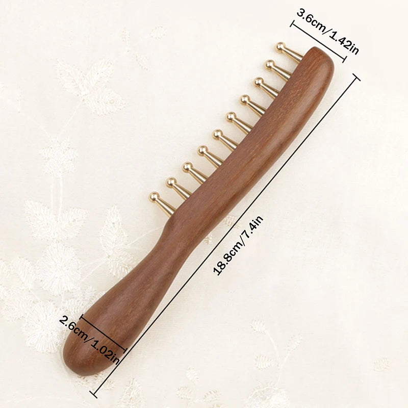 10-Teeth Long Handle Golden Sandalwood Scraping Gua Sha Copper & Wood Massage Comb For Head Meridian Therapy And Relaxation