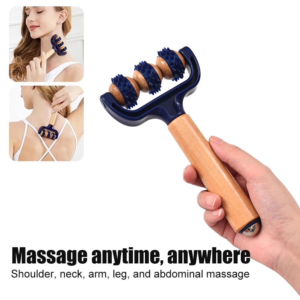 1pcs Wooden 3 Wheeled Handheld Massage Roller Tool, Ergonomic Design, Lightweight and Compact for Home,Office,or Travel,All Ages