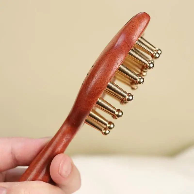 Durable Kitten Shape SPA Gua Sha Tool Brass Head Sandalwood Massage Comb Long Wooden Handle Sturdy Meridian Point Massager Brush