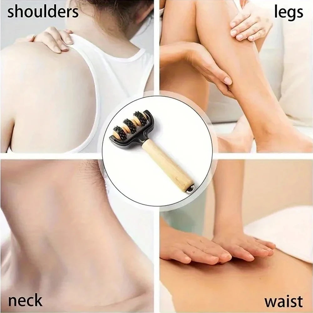 1pcs Wooden 3 Wheeled Handheld Massage Roller Tool, Ergonomic Design, Lightweight and Compact for Home,Office,or Travel,All Ages