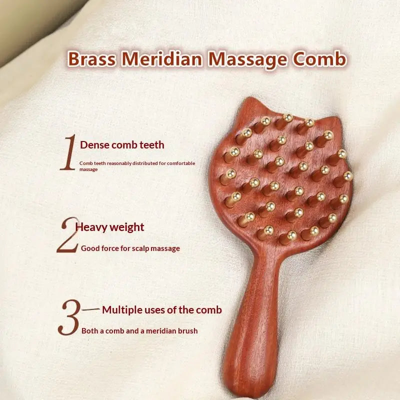 Durable Kitten Shape SPA Gua Sha Tool Brass Head Sandalwood Massage Comb Long Wooden Handle Sturdy Meridian Point Massager Brush
