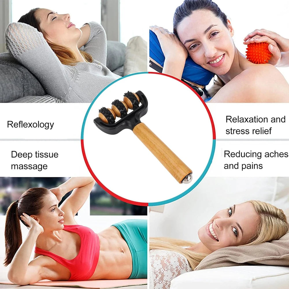 1pcs Wooden 3 Wheeled Handheld Massage Roller Tool, Ergonomic Design, Lightweight and Compact for Home,Office,or Travel,All Ages