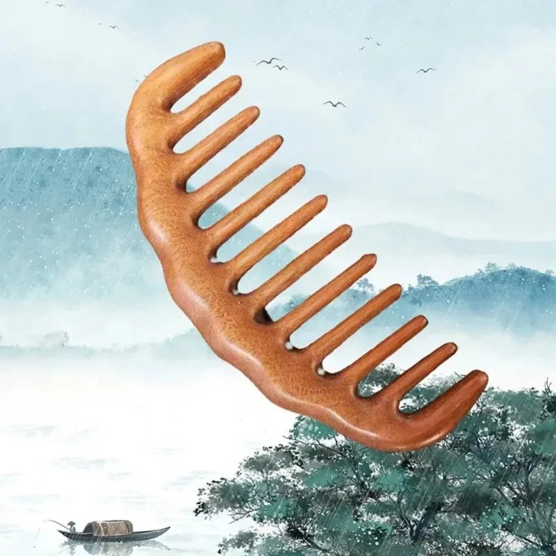 Natural Sandalwood Comb Solid Wood Carving Comb Anti-Static Beard Comb Handicraft Hair Styling Wide Tooth and Narrow Tooth Gifts