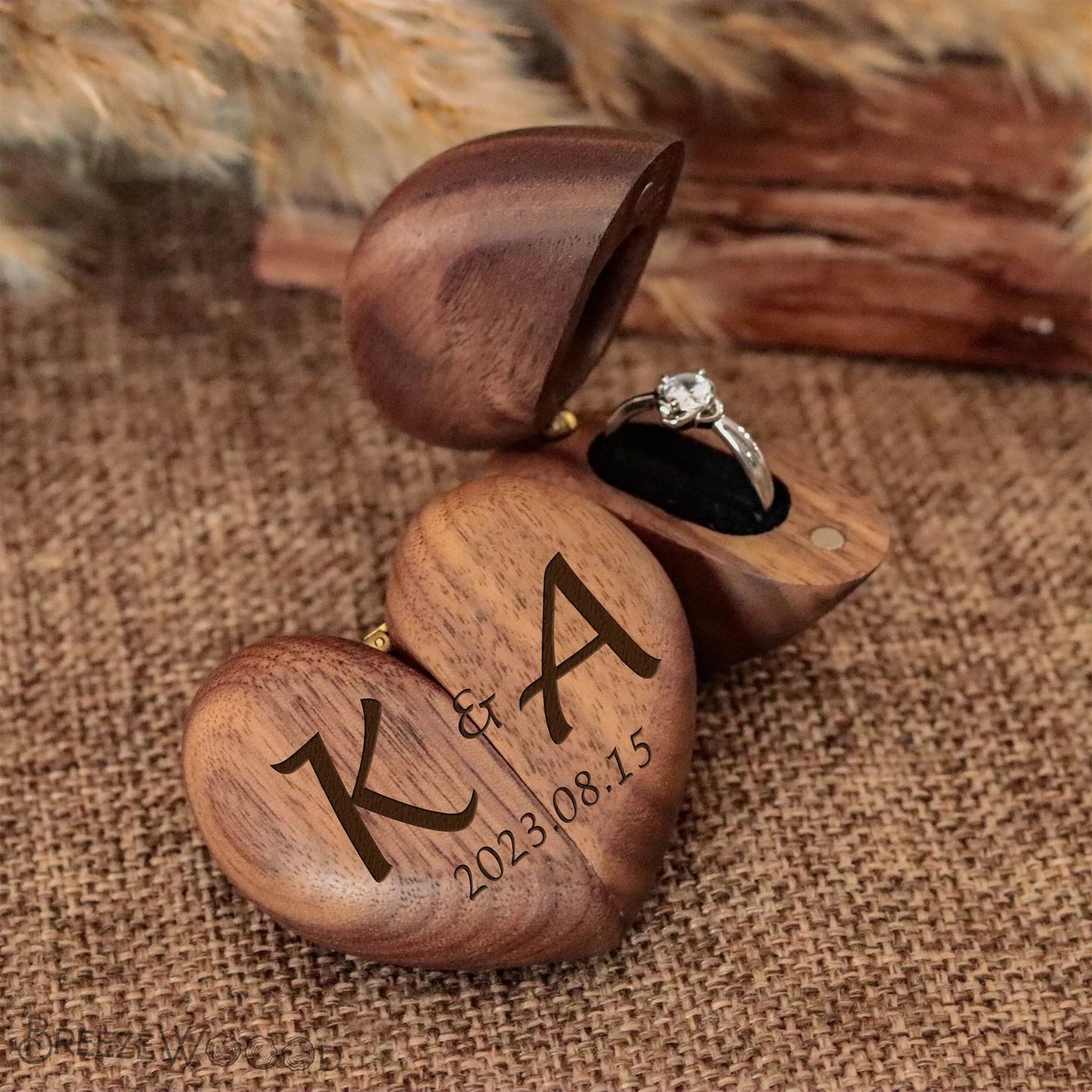 Romantic Heart - Shaped Wooden Wedding Ring Proposal Box,  Customizable for Weddings, Unique Jewelry Holder Gift