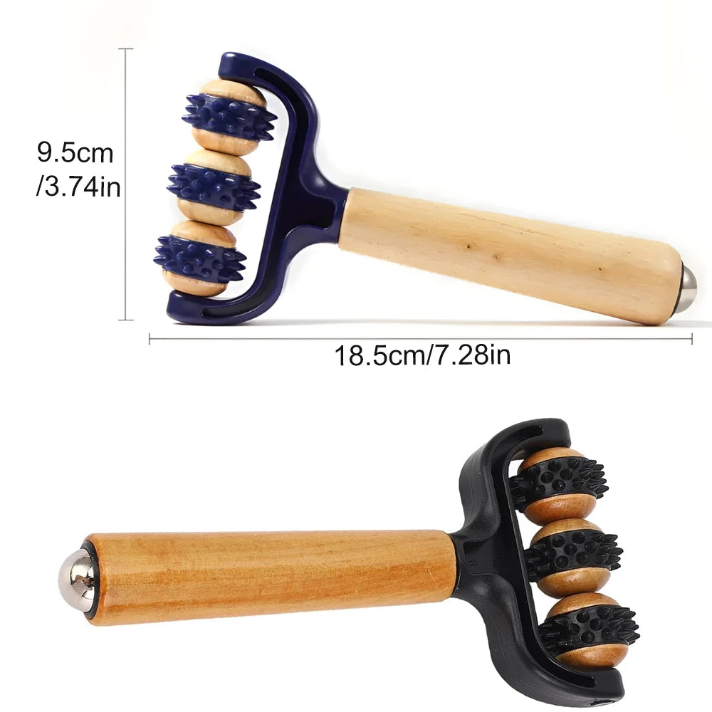 1pcs Wooden 3 Wheeled Handheld Massage Roller Tool, Ergonomic Design, Lightweight and Compact for Home,Office,or Travel,All Ages