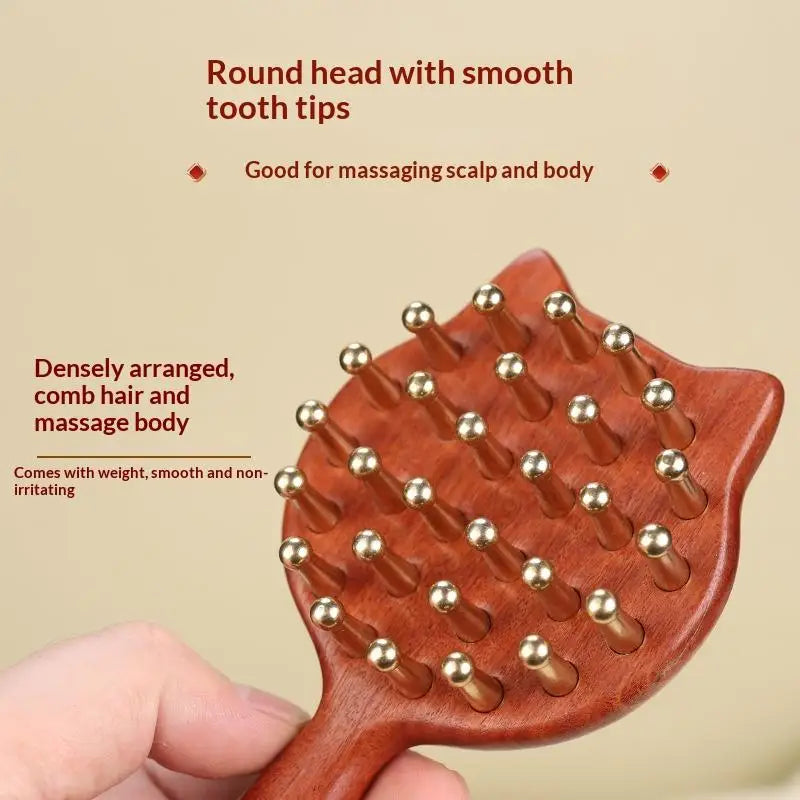 Durable Kitten Shape SPA Gua Sha Tool Brass Head Sandalwood Massage Comb Long Wooden Handle Sturdy Meridian Point Massager Brush