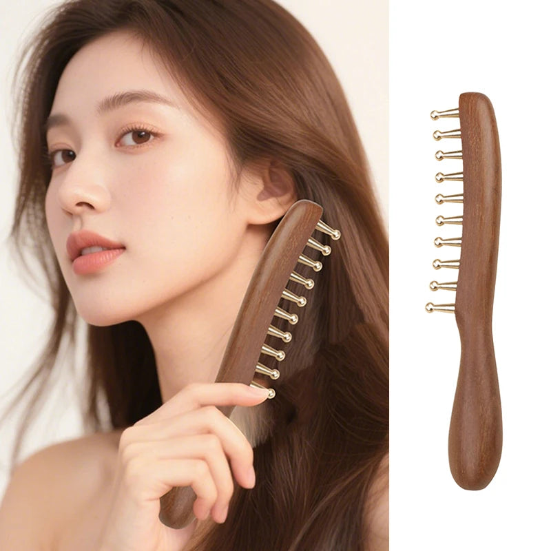 10-Teeth Long Handle Golden Sandalwood Scraping Gua Sha Copper & Wood Massage Comb For Head Meridian Therapy And Relaxation