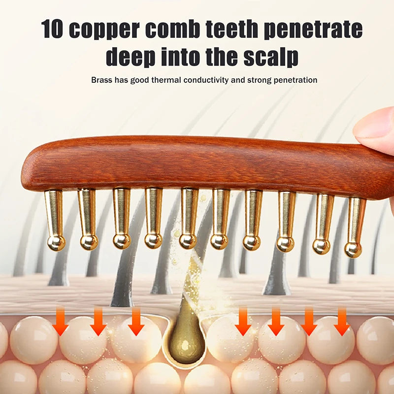 10-Teeth Long Handle Golden Sandalwood Scraping Gua Sha Copper & Wood Massage Comb For Head Meridian Therapy And Relaxation