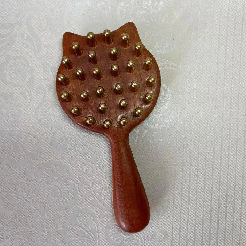 Durable Kitten Shape SPA Gua Sha Tool Brass Head Sandalwood Massage Comb Long Wooden Handle Sturdy Meridian Point Massager Brush