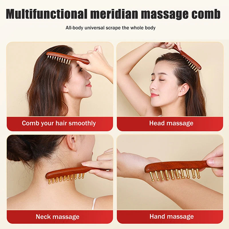 10-Teeth Long Handle Golden Sandalwood Scraping Gua Sha Copper & Wood Massage Comb For Head Meridian Therapy And Relaxation