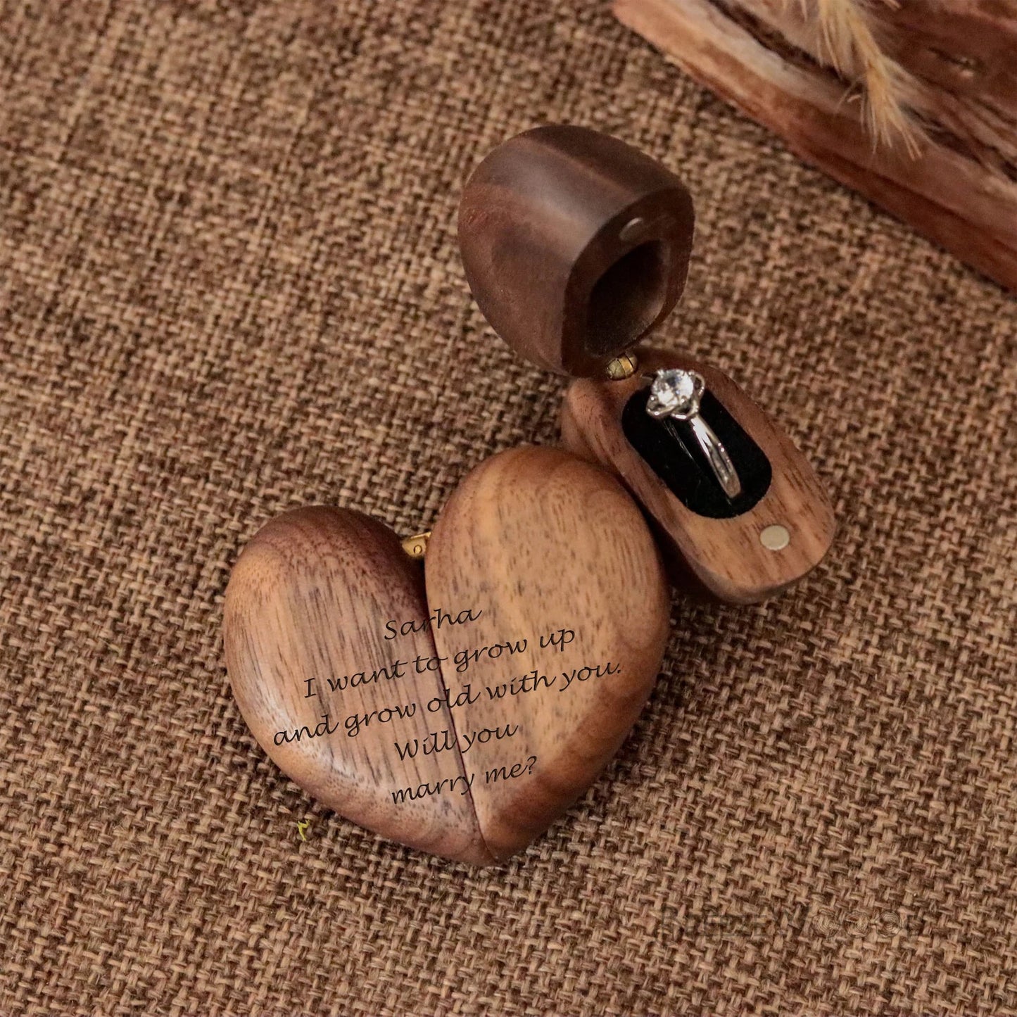Romantic Heart - Shaped Wooden Wedding Ring Proposal Box,  Customizable for Weddings, Unique Jewelry Holder Gift