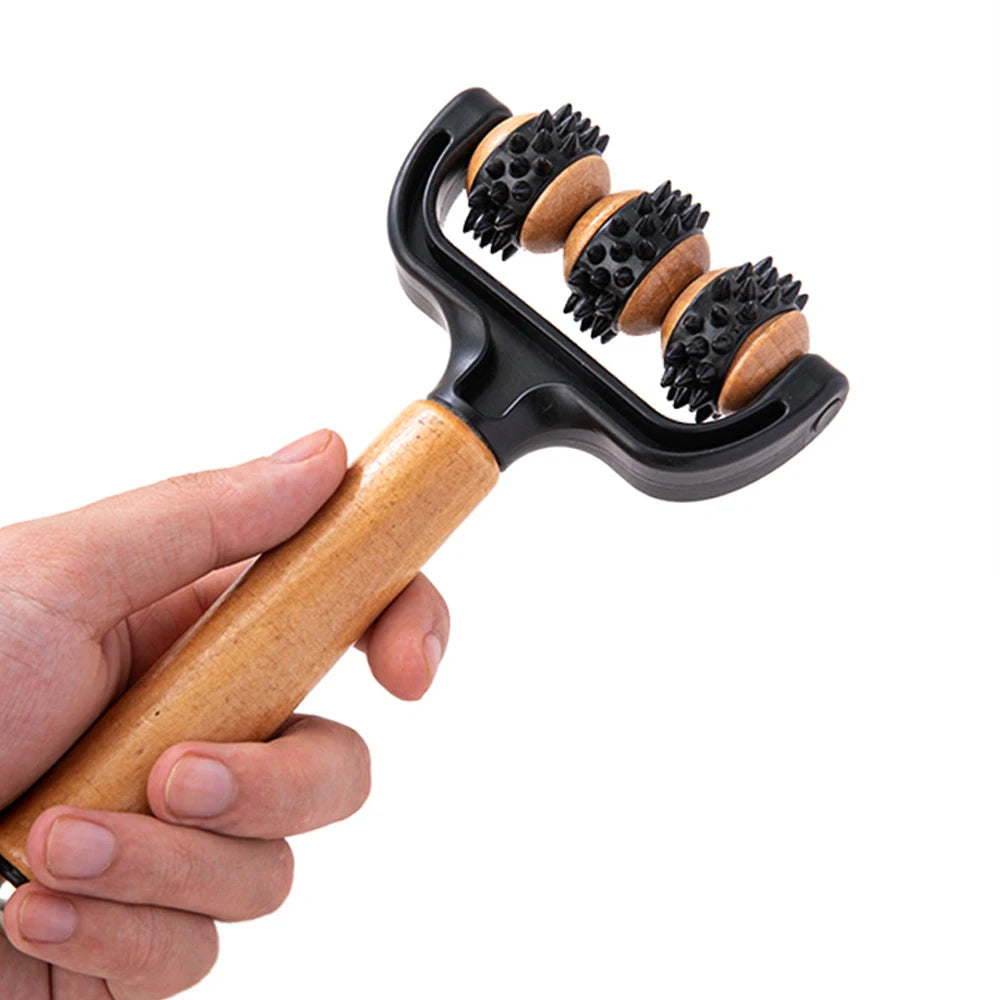 1pcs Wooden 3 Wheeled Handheld Massage Roller Tool, Ergonomic Design, Lightweight and Compact for Home,Office,or Travel,All Ages