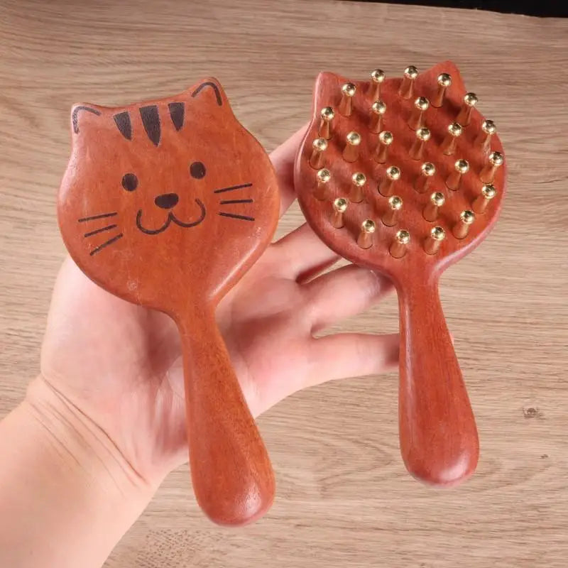 Durable Kitten Shape SPA Gua Sha Tool Brass Head Sandalwood Massage Comb Long Wooden Handle Sturdy Meridian Point Massager Brush