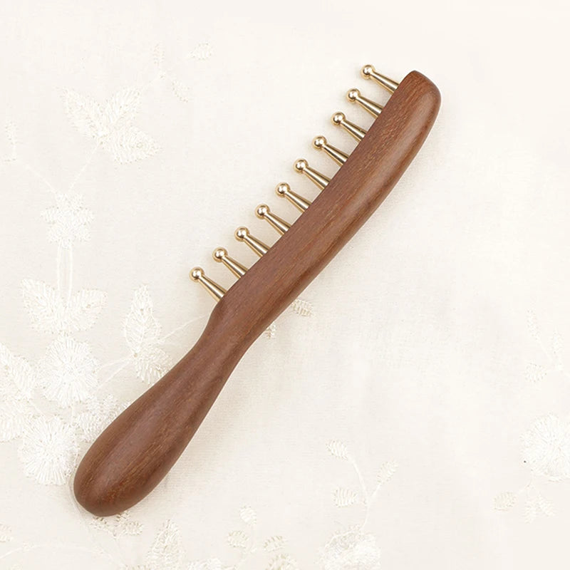 10-Teeth Long Handle Golden Sandalwood Scraping Gua Sha Copper & Wood Massage Comb For Head Meridian Therapy And Relaxation