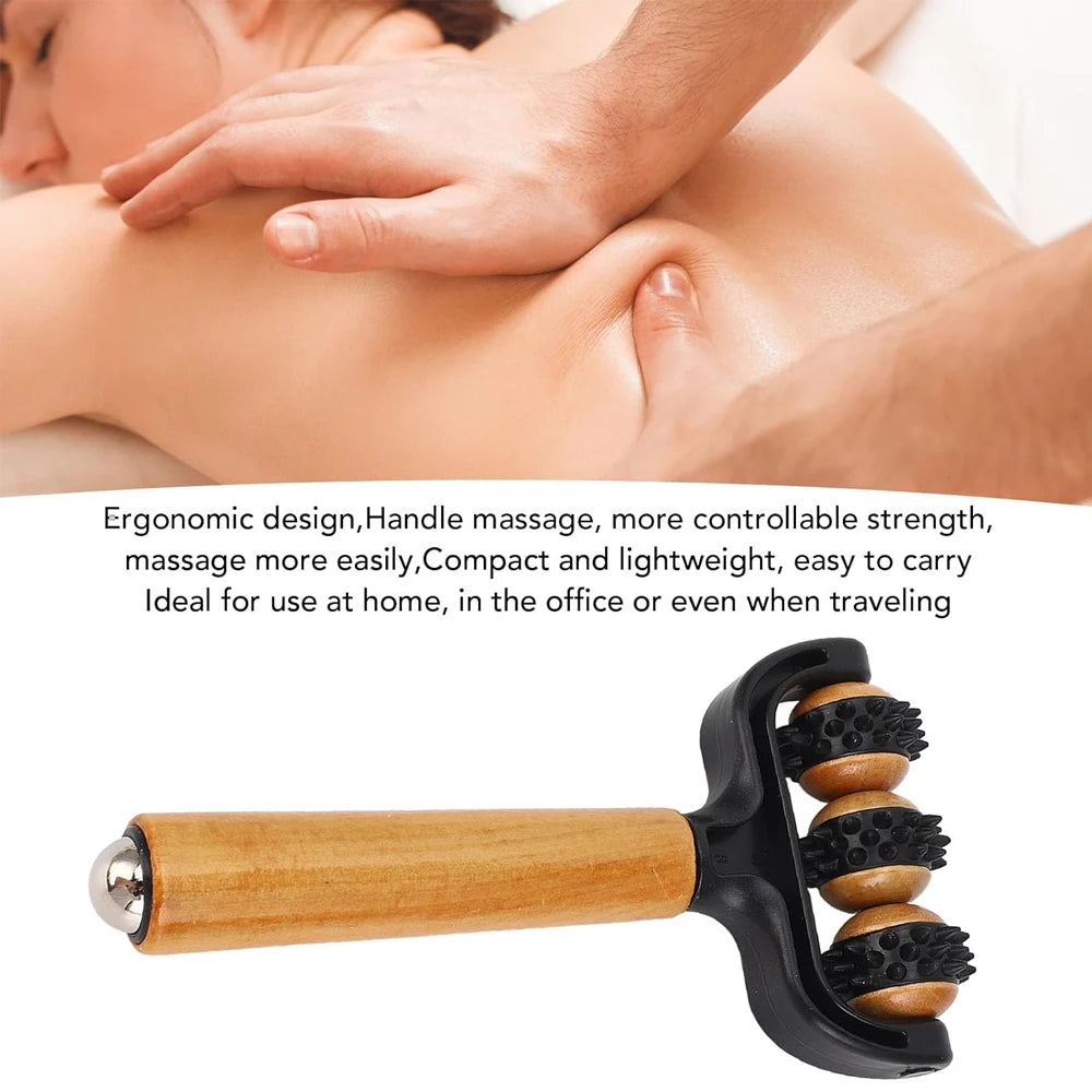 1pcs Wooden 3 Wheeled Handheld Massage Roller Tool, Ergonomic Design, Lightweight and Compact for Home,Office,or Travel,All Ages