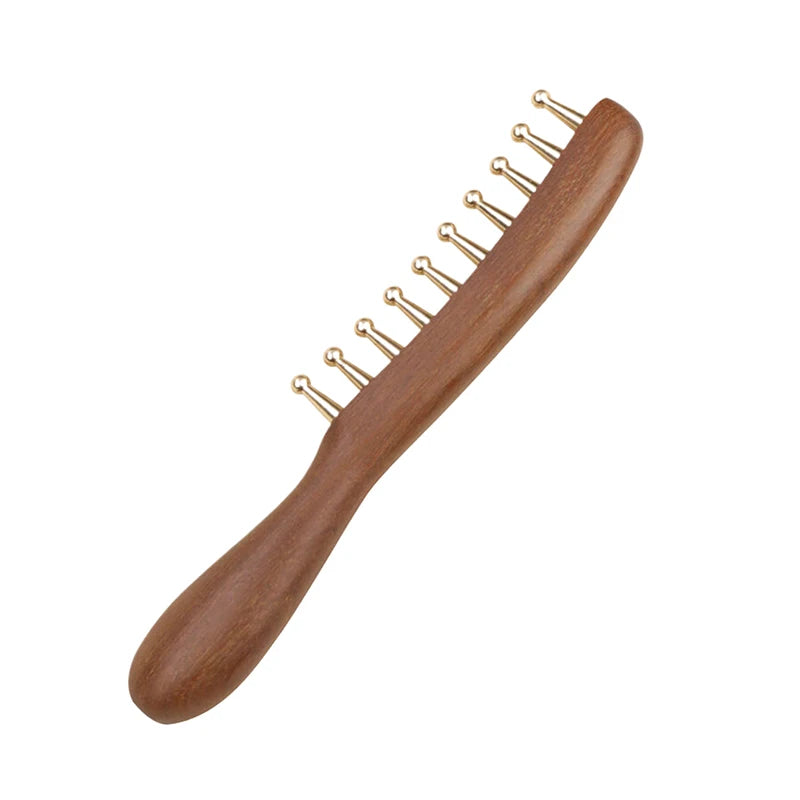 10-Teeth Long Handle Golden Sandalwood Scraping Gua Sha Copper & Wood Massage Comb For Head Meridian Therapy And Relaxation