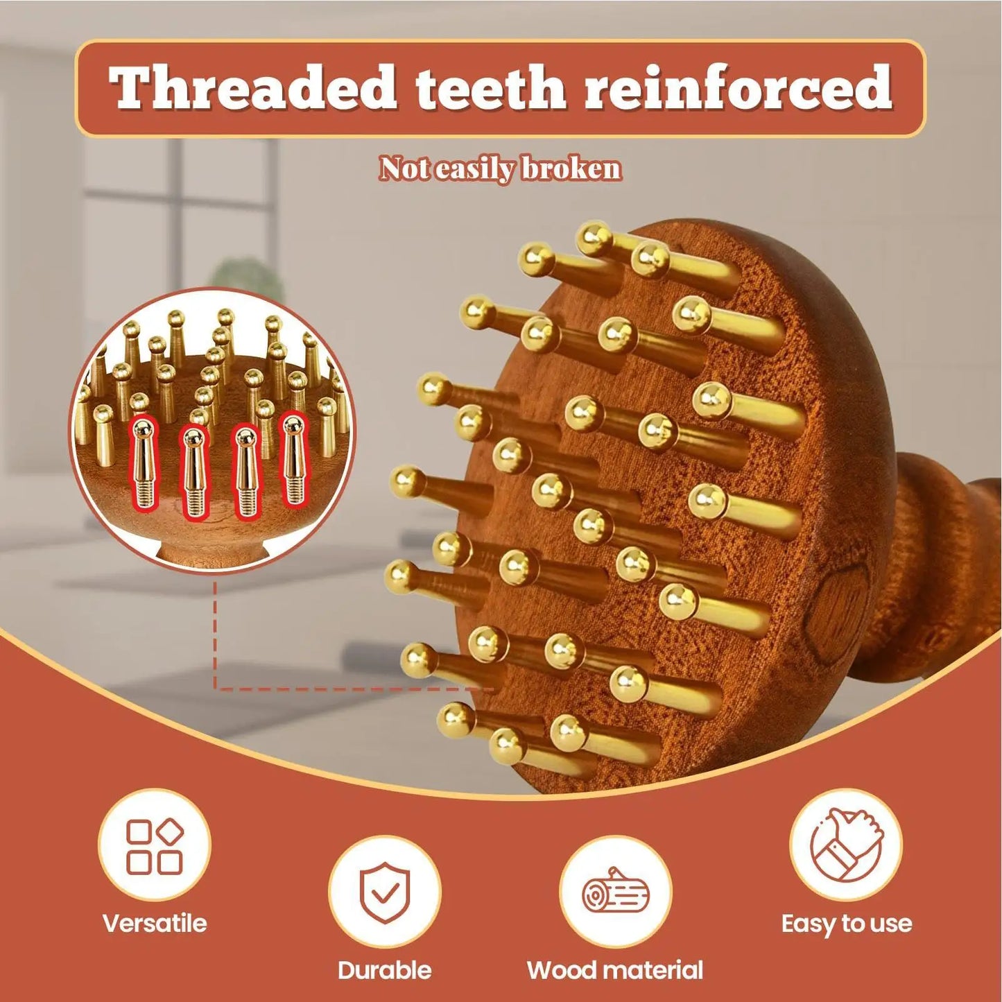 Massage Comb  SPA Gua Sha Tool Copper Head Massage Gua Sha Comb Long Wooden Handle Sturdy Meridian Point Massager Brush