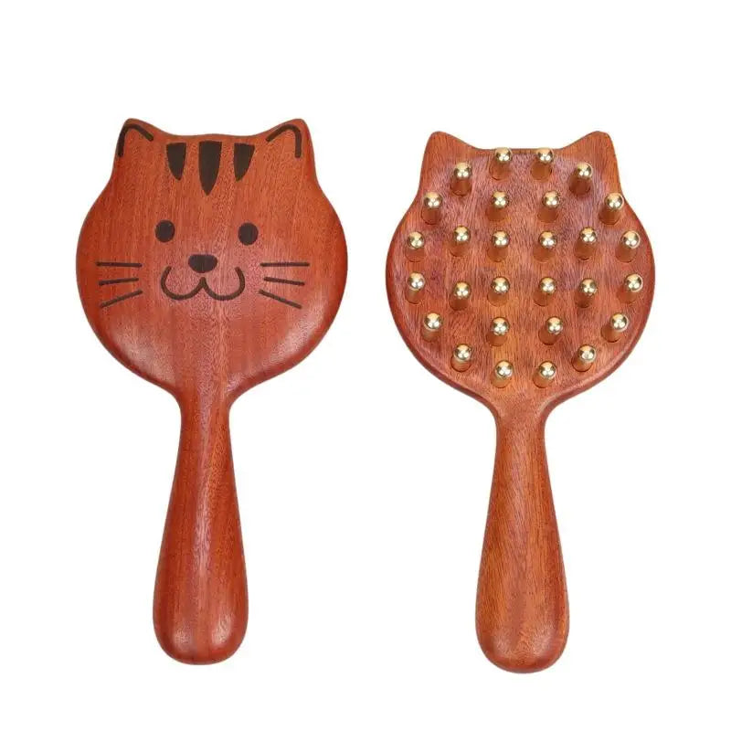 Durable Kitten Shape SPA Gua Sha Tool Brass Head Sandalwood Massage Comb Long Wooden Handle Sturdy Meridian Point Massager Brush