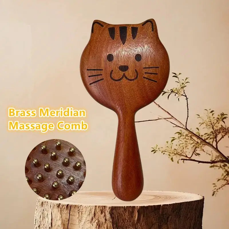 Durable Kitten Shape SPA Gua Sha Tool Brass Head Sandalwood Massage Comb Long Wooden Handle Sturdy Meridian Point Massager Brush