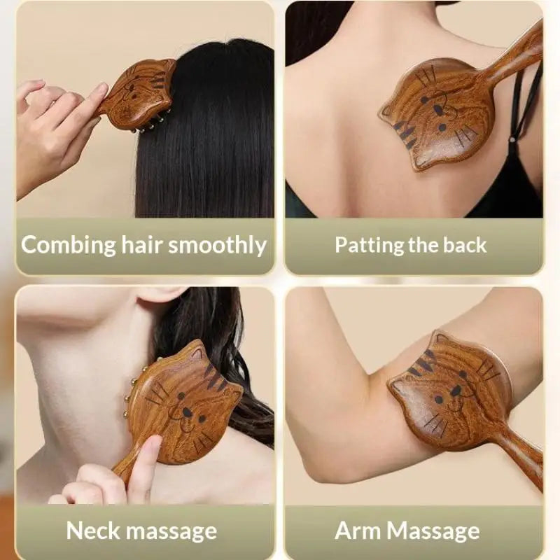 Durable Kitten Shape SPA Gua Sha Tool Brass Head Sandalwood Massage Comb Long Wooden Handle Sturdy Meridian Point Massager Brush