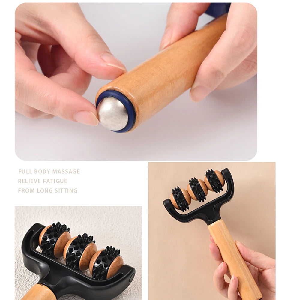 1pcs Wooden 3 Wheeled Handheld Massage Roller Tool, Ergonomic Design, Lightweight and Compact for Home,Office,or Travel,All Ages