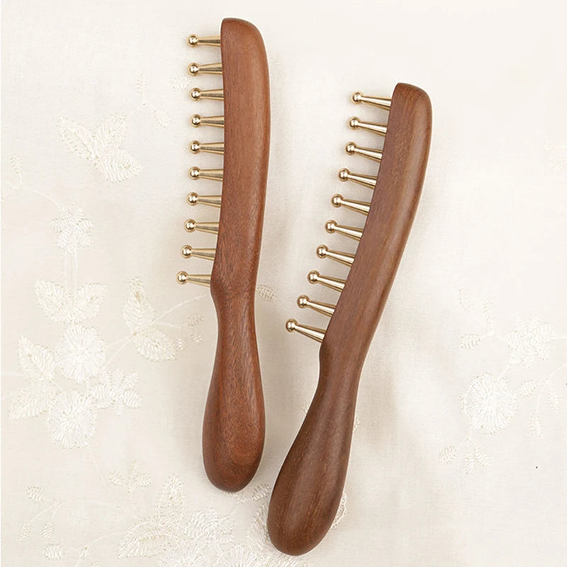 10-Teeth Long Handle Golden Sandalwood Scraping Gua Sha Copper & Wood Massage Comb For Head Meridian Therapy And Relaxation