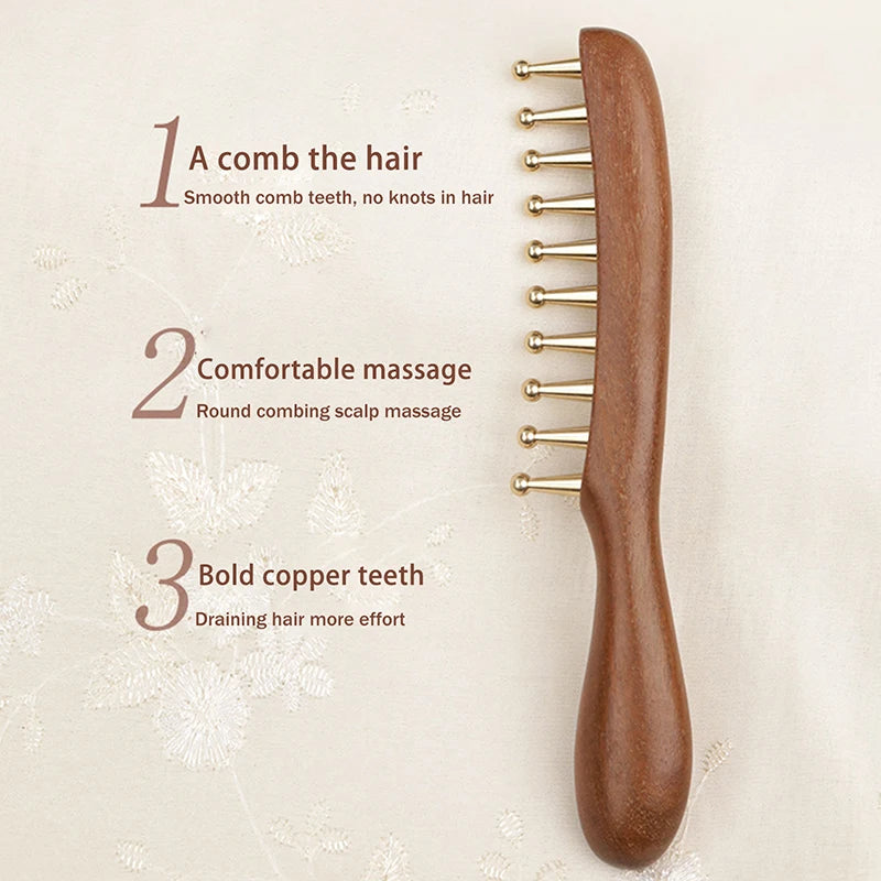 10-Teeth Long Handle Golden Sandalwood Scraping Gua Sha Copper & Wood Massage Comb For Head Meridian Therapy And Relaxation