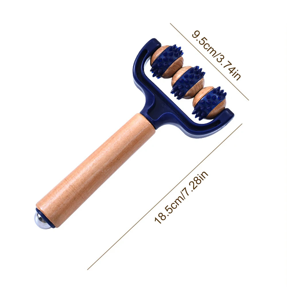1pcs Wooden 3 Wheeled Handheld Massage Roller Tool, Ergonomic Design, Lightweight and Compact for Home,Office,or Travel,All Ages