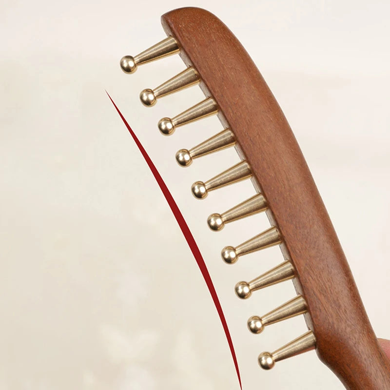10-Teeth Long Handle Golden Sandalwood Scraping Gua Sha Copper & Wood Massage Comb For Head Meridian Therapy And Relaxation